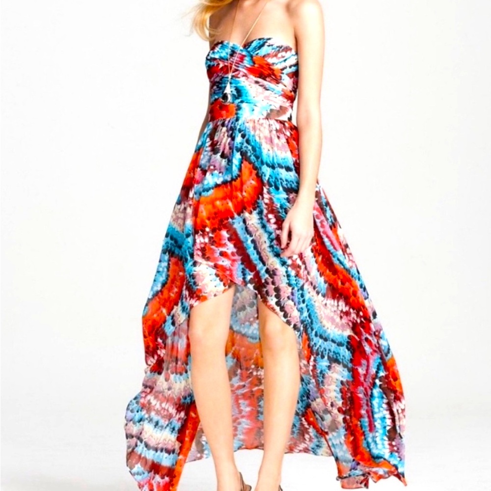 Aidan Mattox High Low Feather Print Strapless Chiffon Dress Size 4